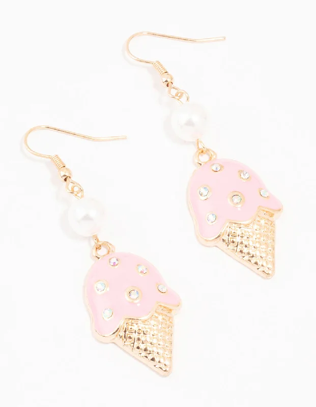 Topaz stone earrings-Gold Pearl & Pink Ice Cream Drop Earrings