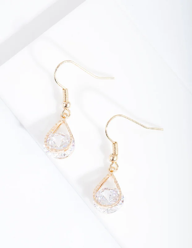 Silk fringe earrings-Gold Cubic Zirconia Diamante Teardrop Earrings