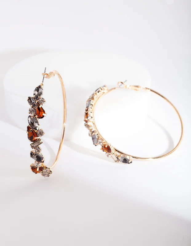 Sleek gem earrings-Gold Neutral Stone Cluster Hoop Earrings