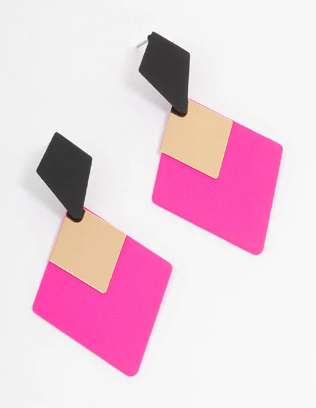 Tiny dot earrings-Pink Coated Geometric Shape Drop Earrings