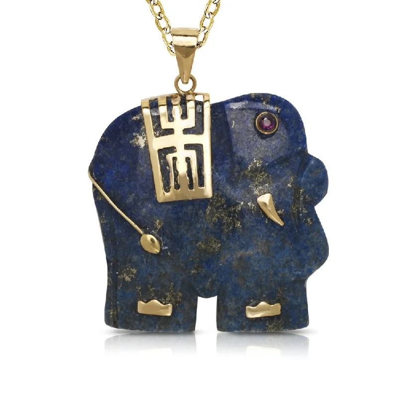 Lapis drop necklaces-Curata 14k Yellow Gold 18" Lavendar Jade or Blue Lapis Good Luck Elephant Necklace (22mm x 30mm)