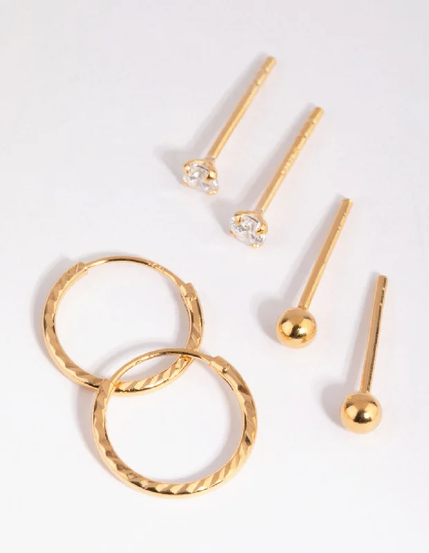 Curved design earrings-Gold Plated Sterling Silver Ball Stud & Hoop Earring Pack