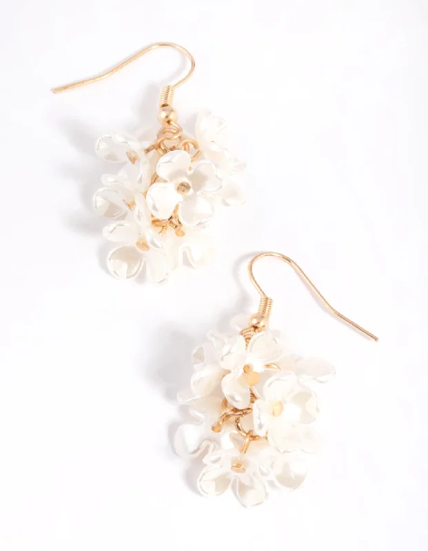 Aged medallion earrings-White Pearlised Flower Cluster Drop Earrings