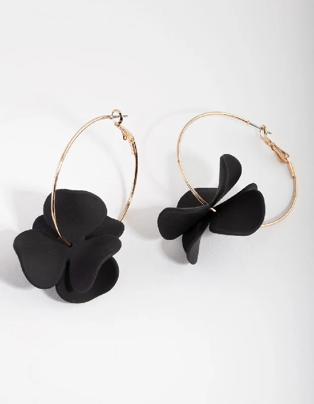 Vibrant enamel earrings-Gold Black Pearlised Flower Hoop Earrings