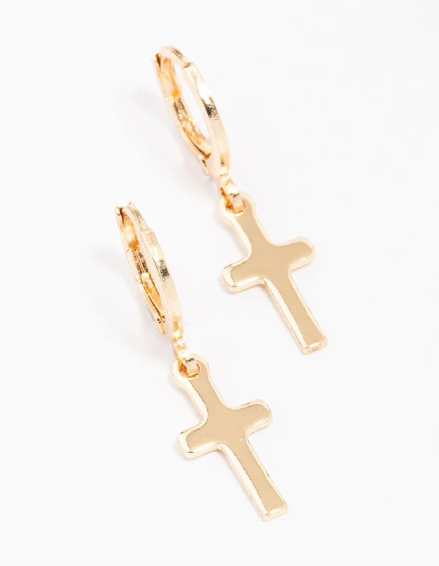 Topaz earrings-Gold Plain Cross Huggie Hoop Earrings