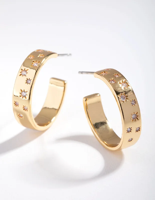 Curved design earrings-Gold Plated Diamante Star Hoop Earrings