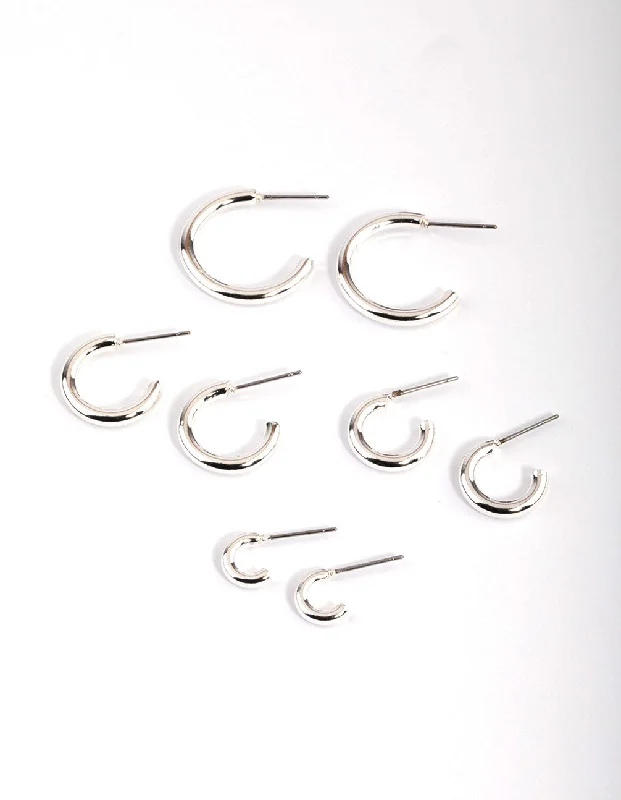 Thin hoop earrings-Silver Basic Round Hoop Earrings 4-Pack