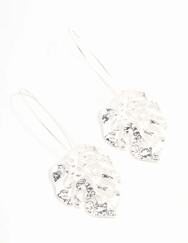 Tiny dot earrings-Silver Monstera Leaf Drop Earrings