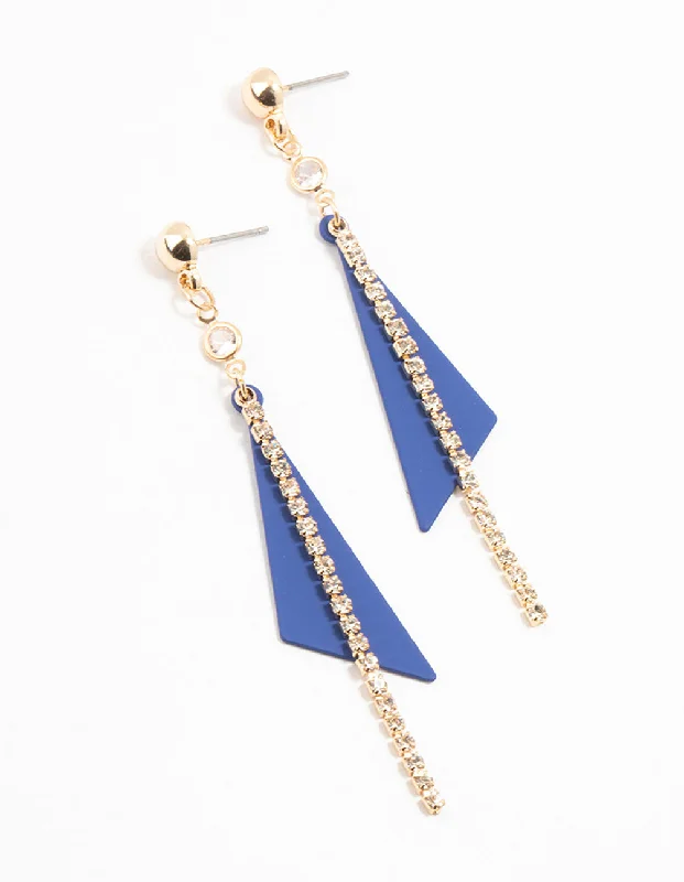 Silk tassel earrings-Gold & Blue Cup Chain Triangle Drop Earrings