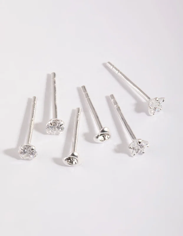 Wide tier earrings-Sterling Silver Diamante Stud Earring Pack