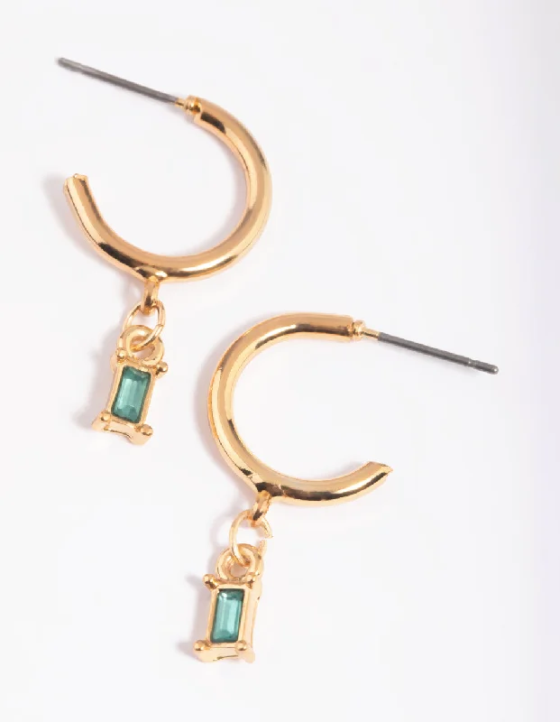 Onyx gem earrings-Green Baguette Stone Huggie Hoop Earrings