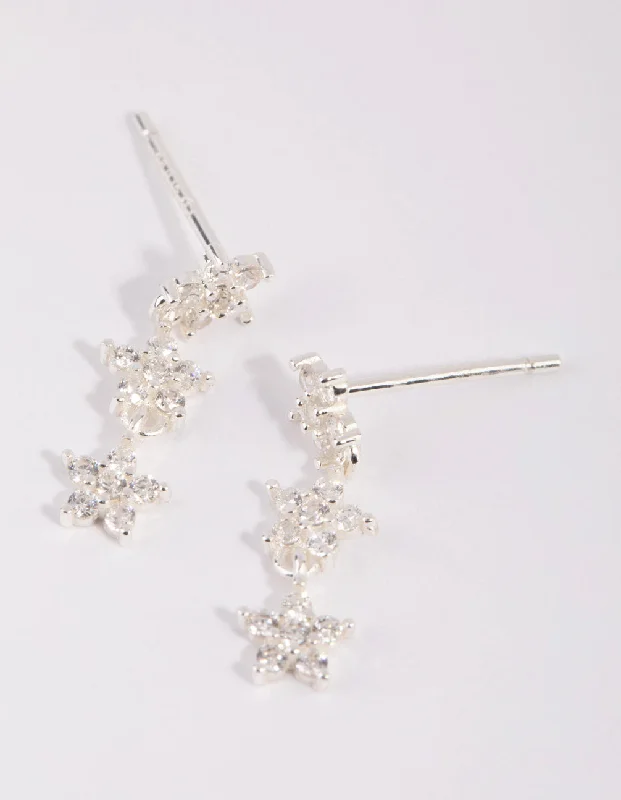 Polished bead earrings-Sterling Silver Triple Star Drop Earrings