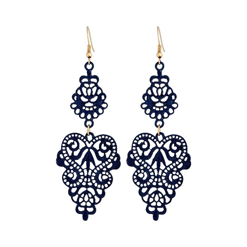 Stellar glow earrings-Blue Metal Filigree Drop Earrings