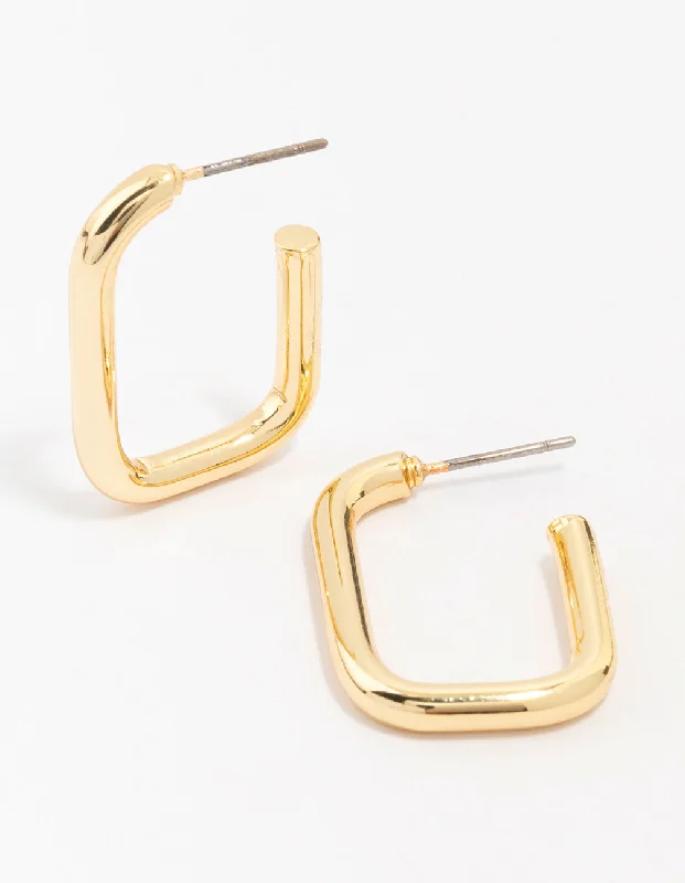 Wide tier earrings-Gold Plated Brass Thin Rectangular Hoop Earrings