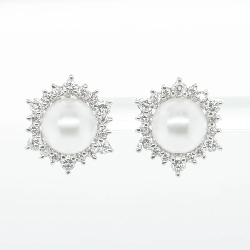 Fluid art earrings-14k White Gold Diamond Halo 7.35mm Pearl Earrings 0.45ctw G SI1 4.1g