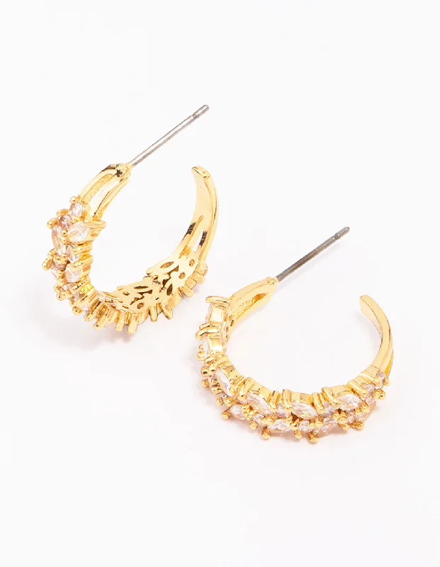 Full moon earrings-Gold Plated Marquise Cubic Zirconia Herringbone Hoop Earrings