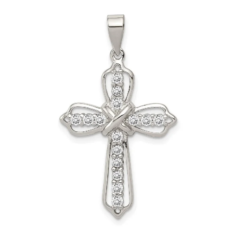 Aged medallion necklaces-Curata 925 Sterling Silver 18" Cubic Zirconia Ribbon Cross Necklace - 35x21mm