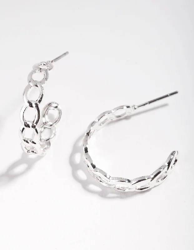 Wide hoop earrings-Silver Chain Link Hoop Earrings