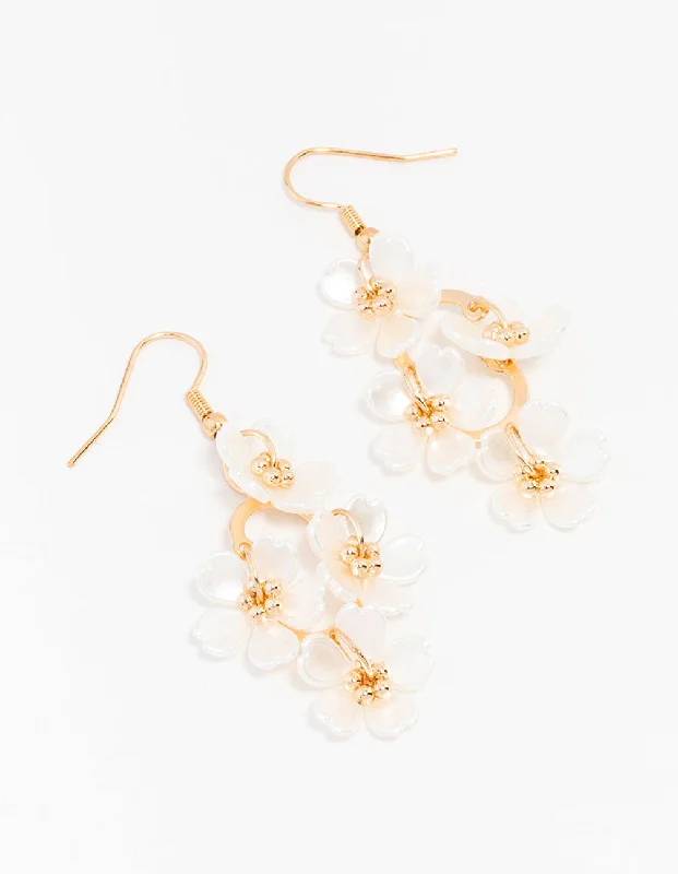 Flat knot earrings-Gold Pearl Flower Vine Drop Earrings