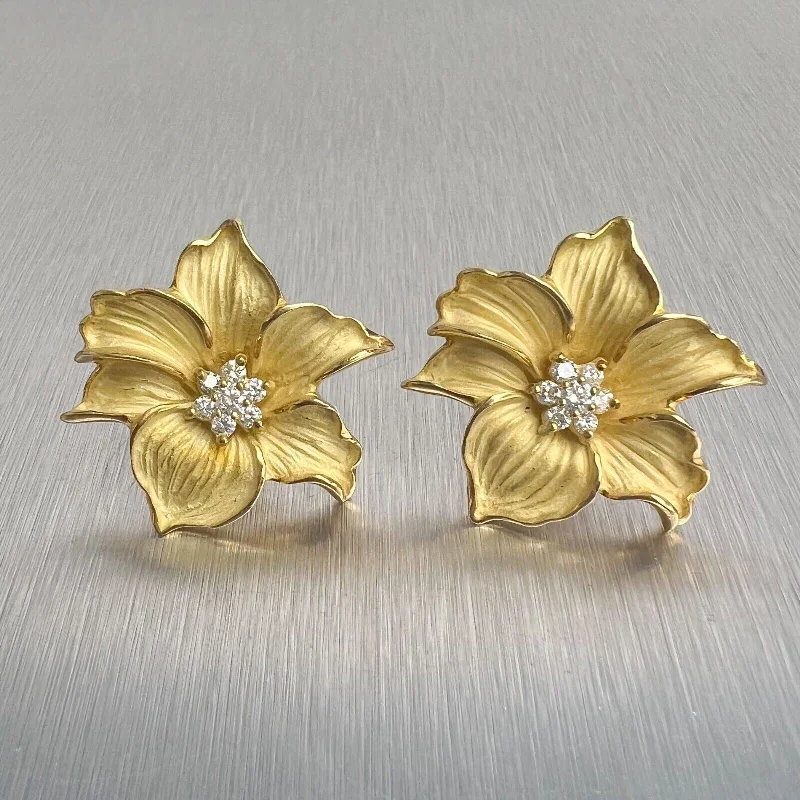 Pure stud earrings-18k Yellow Gold Diamond Peach Blossom Flower Omega Back Earrings 0.50ctw 21.3g