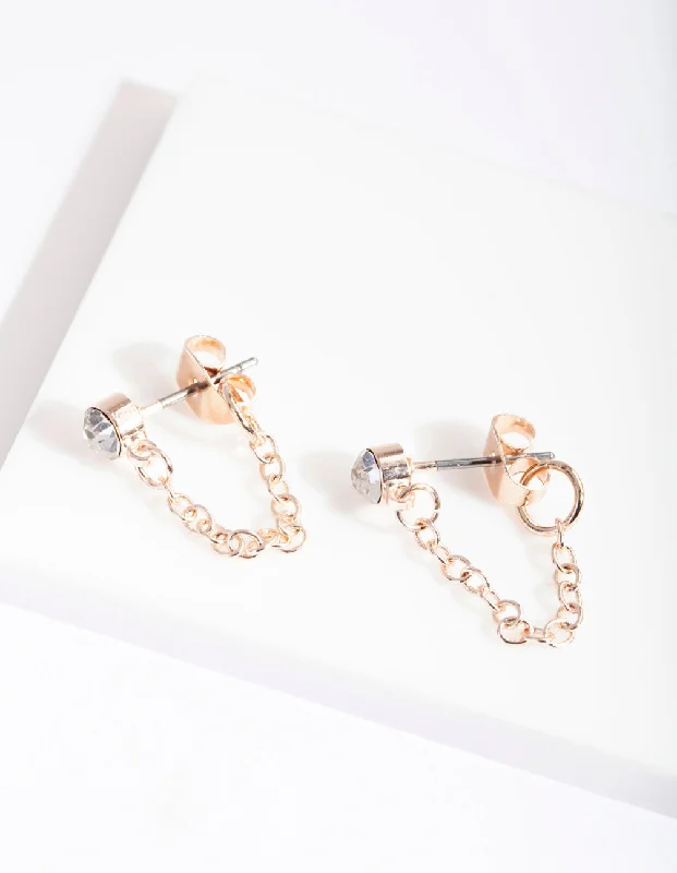 Thin bead earrings-Rose Gold Crystal Chain Stud Earrings