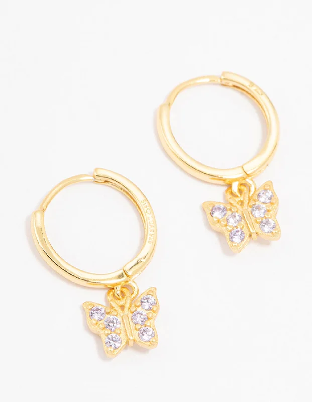 Deco style earrings-Gold Plated Sterling Silver Cubic Zirconia Butterfly Earrings