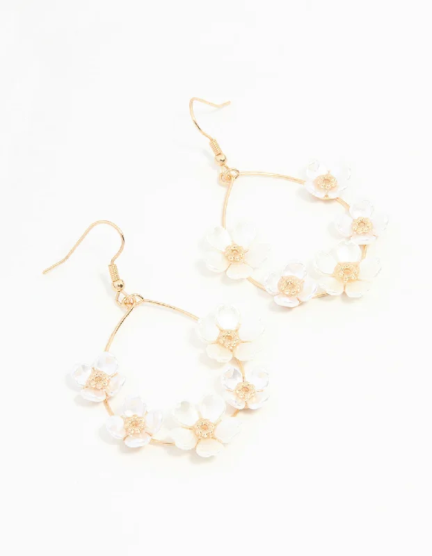 Twine bead earrings-White Pearlised Flower Teardrop Gold Earrings