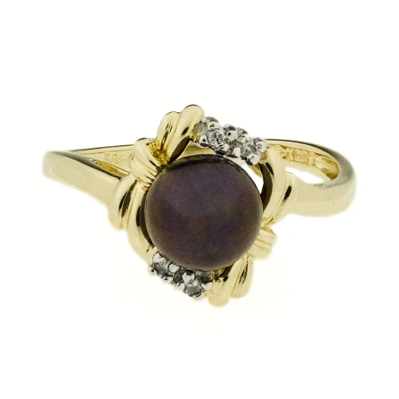 Pure star engagement rings-6.7mm Black Pearl and Diamond Accents Ring in 14K Two-Tone Gold - Size 6