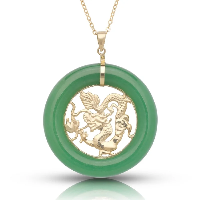 Fiber tassel necklaces-Curata 14k Yellow Gold 18" Large Dyed Green Jade Dragon Circle Pendant Necklace (30mm x 36mm) - 30mm x 35mm