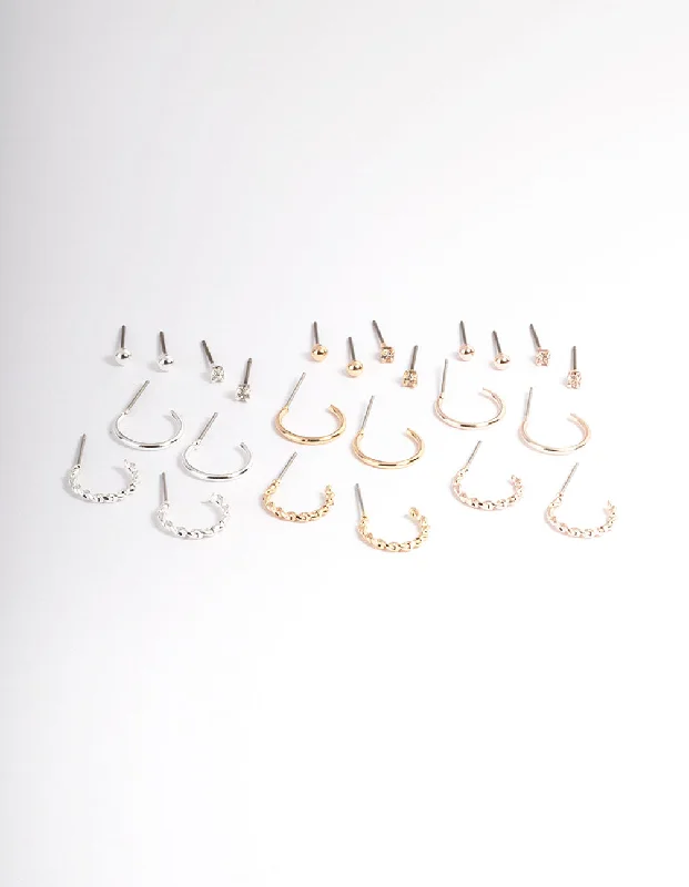 Coiled cord earrings-Mixed Metal Plain & Dimanate Stud & Hoop Earring 12-Pack