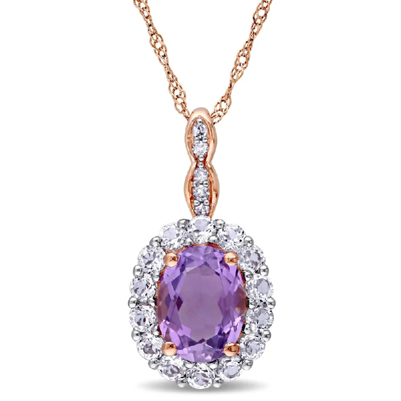 Agate stone necklaces-Miadora 14k Rose Gold Oval-cut Amethyst White Topaz and Diamond Accent Halo Necklace - Purple