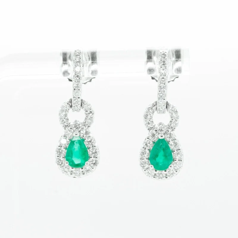 Tiny wing earrings-18k White Gold 1.15ctw Diamond 0.85ctw Pear Emerald Dangle Earrings 4.3g