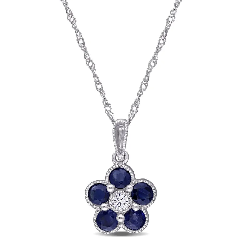 Floating stone necklaces-Miadora 14k White Gold Blue Sapphire and Diamond Flower Necklace