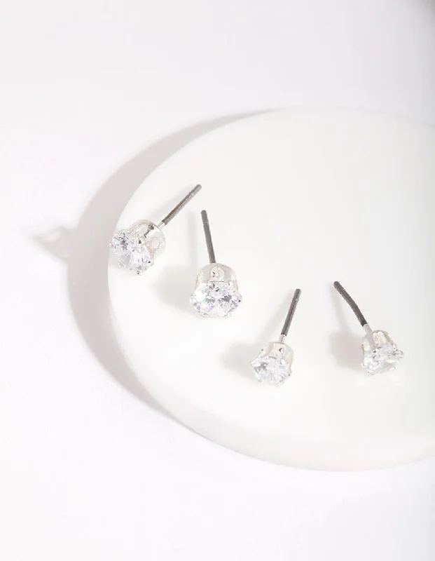 Light drop earrings-Silver Cubic Zirconia Round Stud Earring Pack