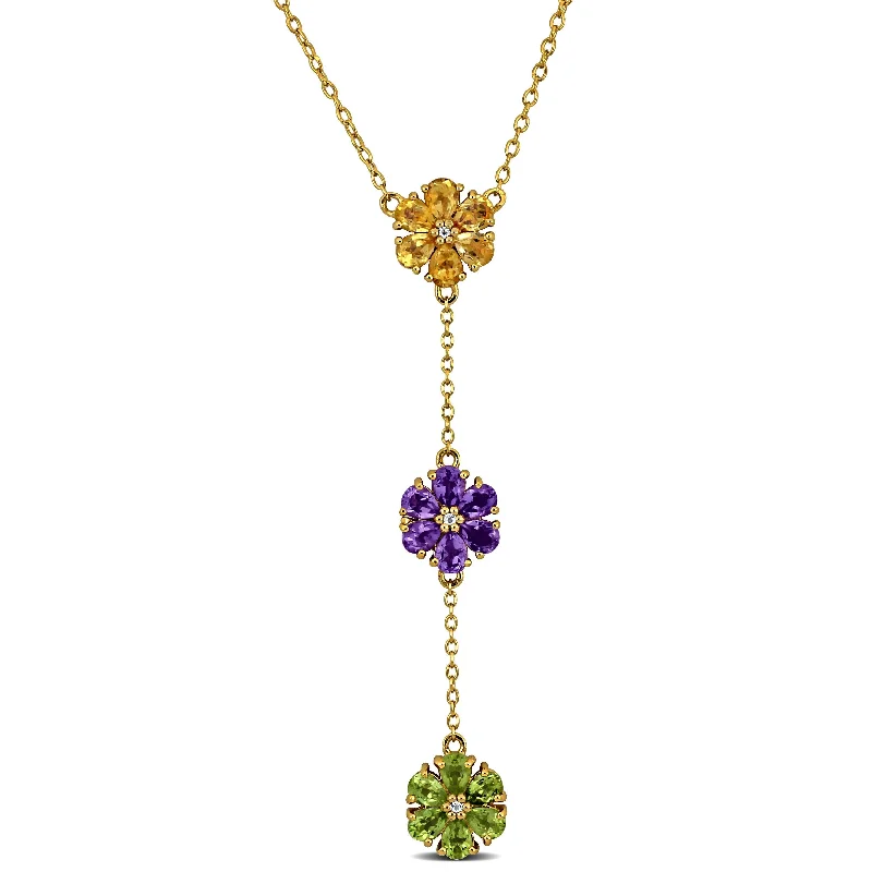 Solid bar necklaces-Miadora 2 5/8ct TGW Amethyst, Citrine, Peridot White Topaz Flower Lariat Necklace in Yellow Silver