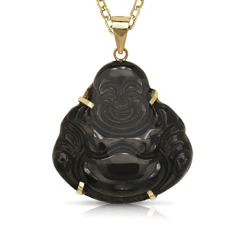 Oval gem necklaces-Curata 14k Yellow Gold 18" 24x30mm Carved Jade/Onyx Laughing Buddha Necklace