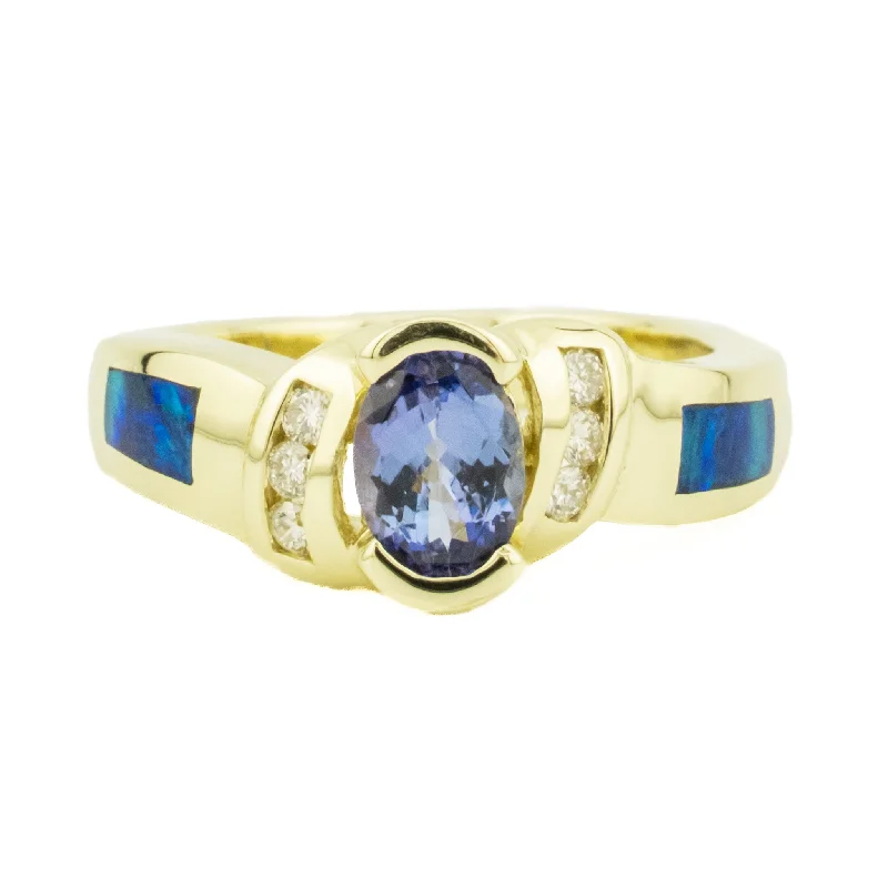 Dainty stack engagement rings-0.71ctw Tanzanite with Opal & Diamond Accents Gemstone Ring in 14K Yellow Gold