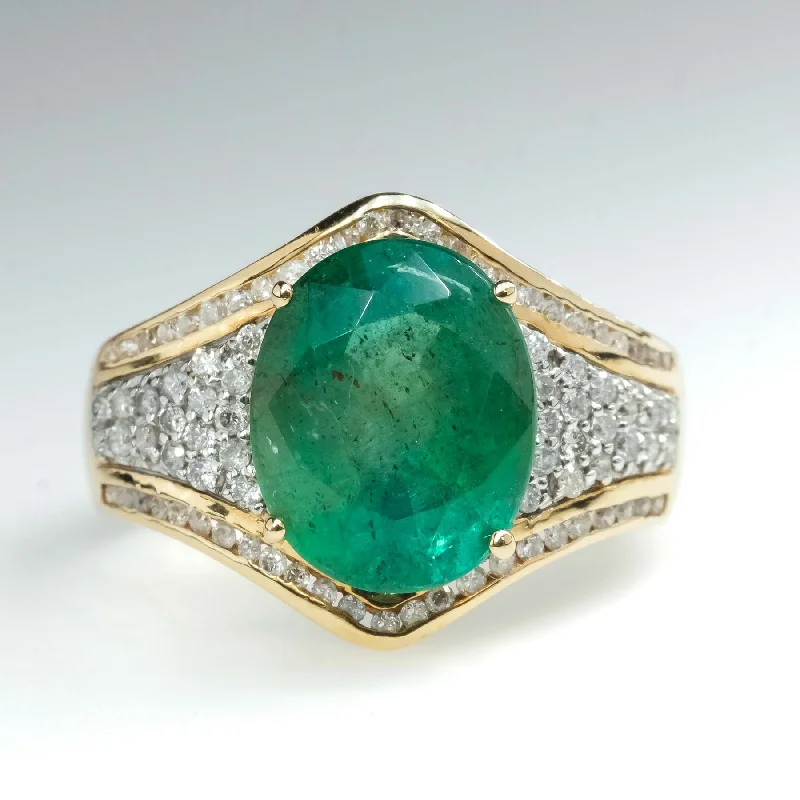 Vivid druzy engagement rings-3.67ct Oval Natural Emerald and Diamond Accented Ring in 14K Yellow Gold