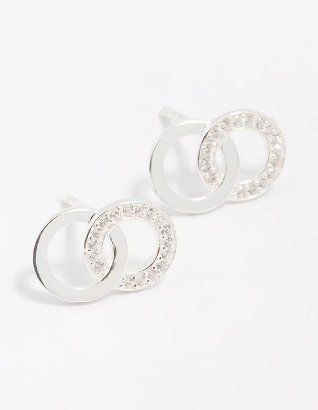 Woven thread earrings-Sterling Silver Cubic Zirconia Circular Stud Earrings