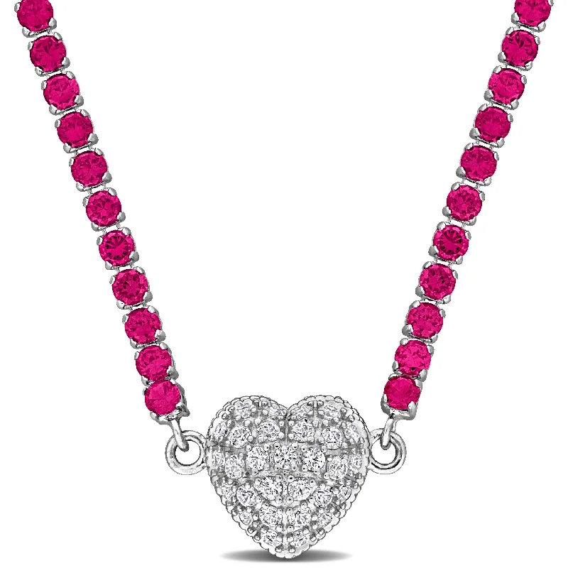 Braided link necklaces-Miadora 14 1/4ct TGW Created Ruby Created White Sapphire Heart Necklace in Sterling Silver-17 in