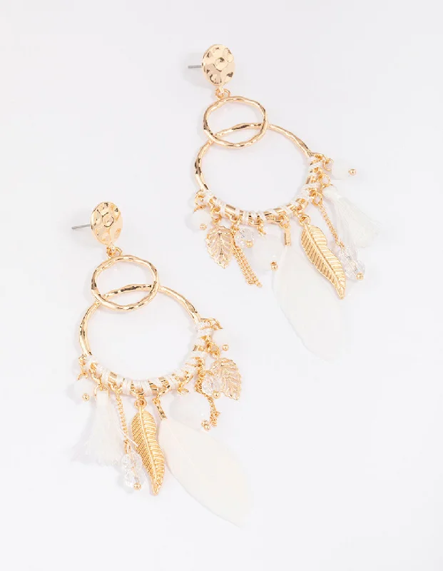 Large hoop earrings-Gold Thread Feather Beaded Drop Earrings