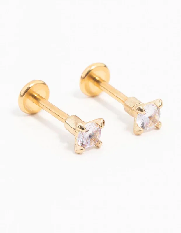 Wide statement earrings-Gold Plated Surgical Steel Mini Cubic Zirconia Flat Back 2-Pack