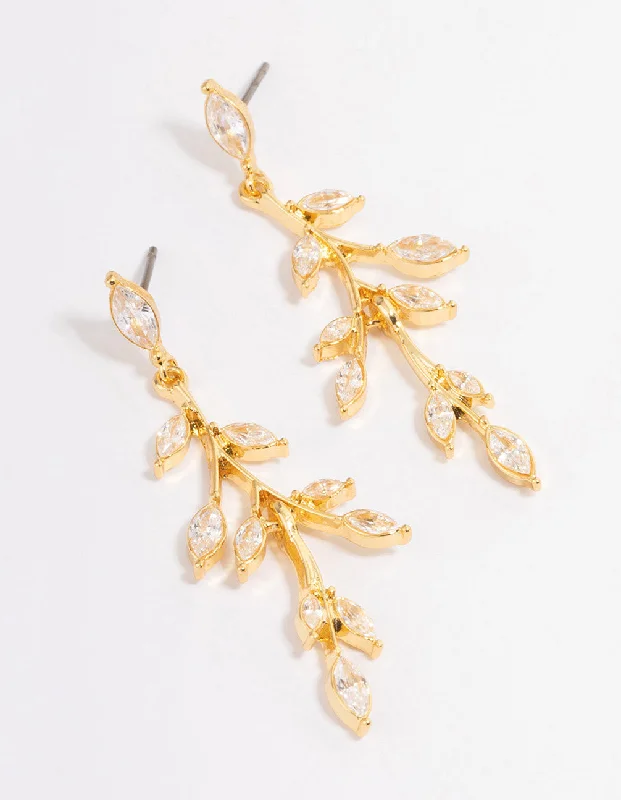 Sleek gem earrings-Gold Plated Cubic Zirconia Marquise Leaf Drop Earrings