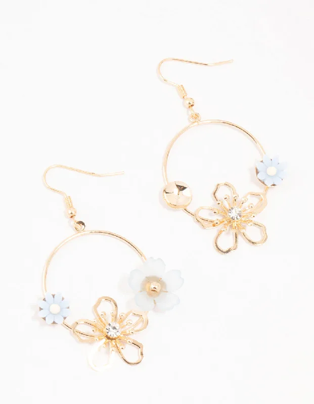 Bead braid earrings-Gold Acrylic Blue Flower Round Drop Earrings