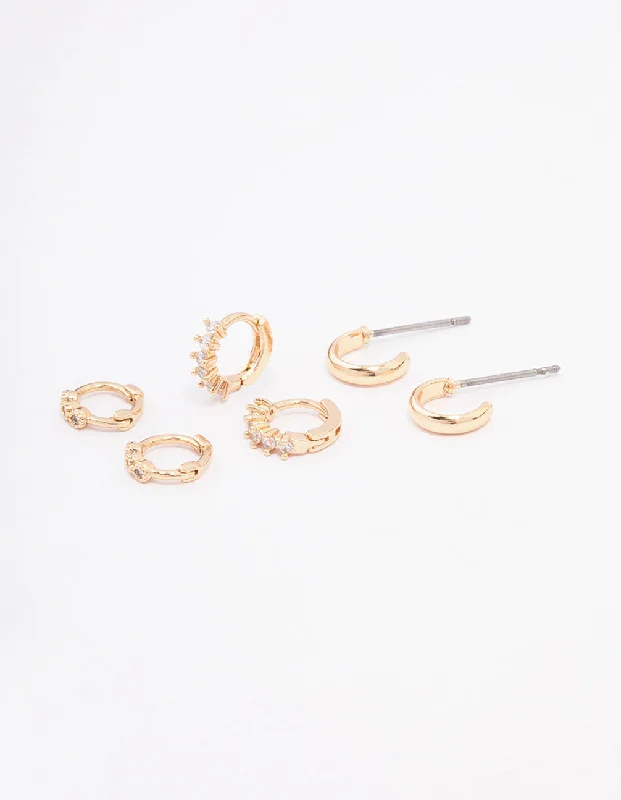 Topaz stone earrings-Gold Mixed Diamante Huggie Hoop Earring 3-Pack