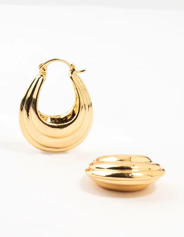 Ripple drop earrings-Gold Plated Ribbed Chunky Hoop Earrings