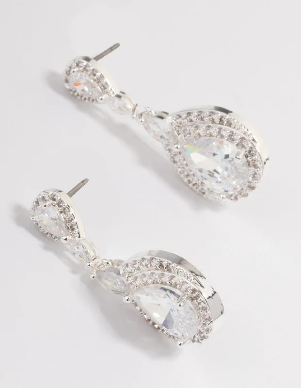 Sleek gem earrings-Silver Plated Cubic Zirconia Marquise Drop Earrings