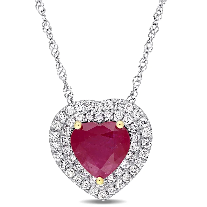 Victorian style necklaces-Miadora Signature Collection 14k White Gold with Yellow Gold Prongs Heart-Cut Ruby Diamond Double Halo Necklace - Red