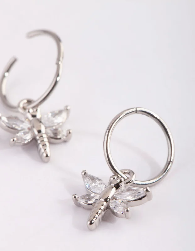 Flat knot earrings-Surgical Steel Cubic Zirconia Dragonfly Hoop Earrings