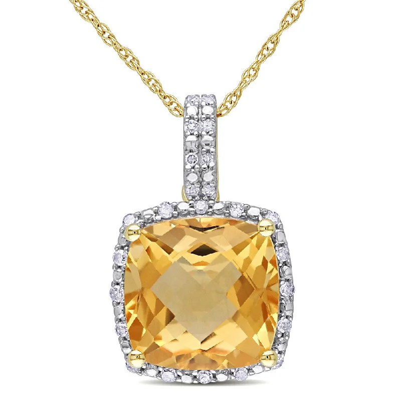 Oval gem necklaces-Miadora 10k Yellow Gold Cushion-cut Citrine and 1/10ct TDW Diamond Halo Drop Necklace (G-H, I2-I3)